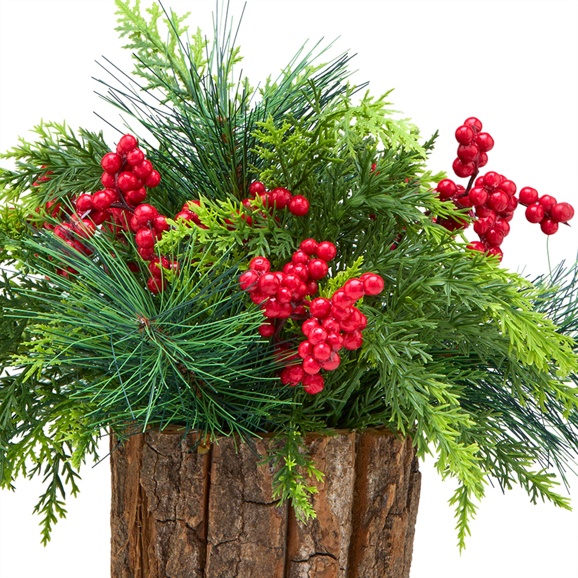 11" Christmas Classic Cypress & Berry Centerpiece in Wood Slice Planter